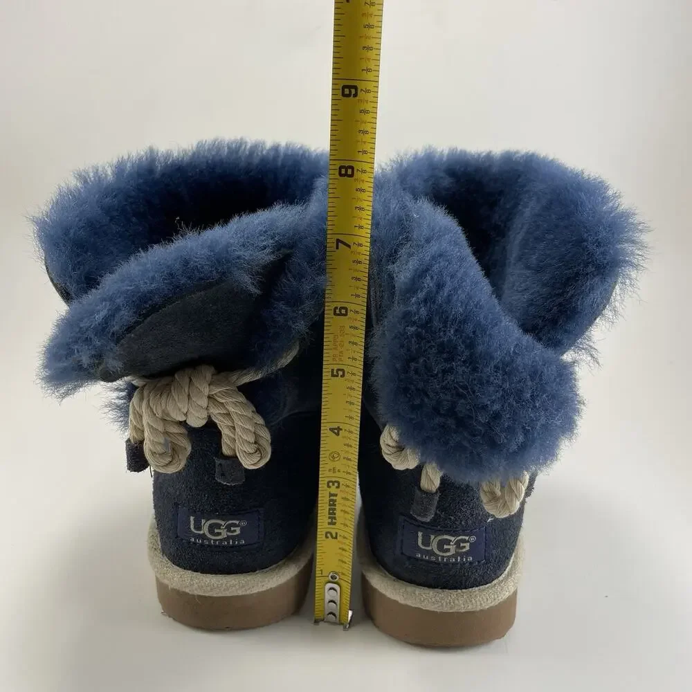 UGG Selene Winter Boots Womens Size 7 Navy Blue Suede Nautical Rope Tie Back